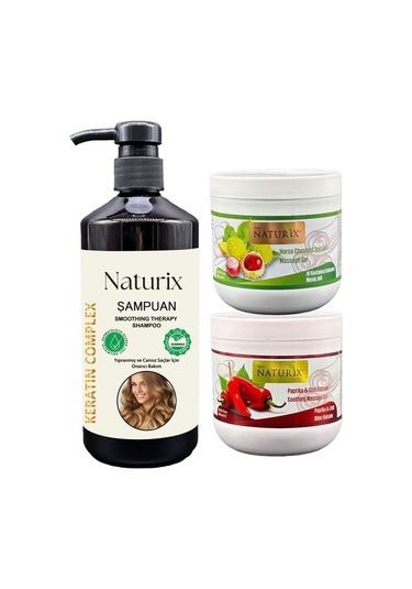 Naturix Biber Balsamı 500 ML + At Kestanesi Masaj Jeli 500 ML + Keratin Şampuan 600 ML