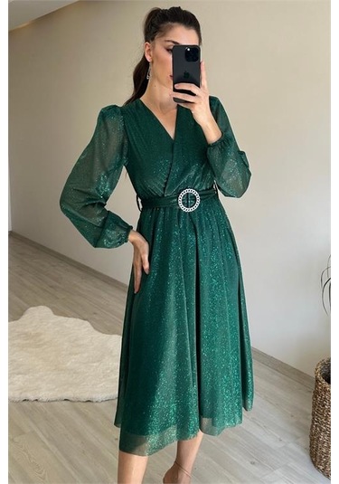 Neşeli Butik Kadın Kruvaze Yaka Tokalı Midi Boy Işıltılı Elbise Nm009 Yeşil
