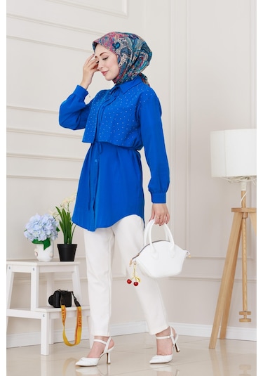 Sevitli Beli Bağcıklı Allerli Taşlı Tunik-mavi-5221 Mavi