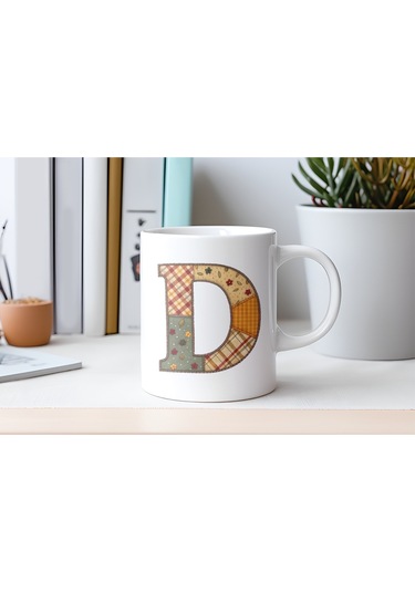 D Harfi Sonbahar Kış Temalı Yamalı Tasarım Kupa Bardak - Etnik Ve Pathwork Severlere Özel Hediye Beyaz