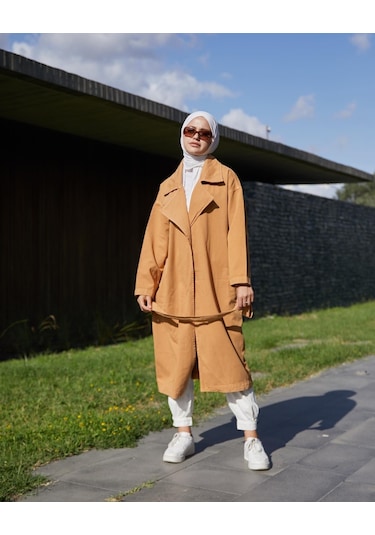 Vioshine Kadın Kruveza Yaka Kuşaklı Kot Trençkot-camel Camel