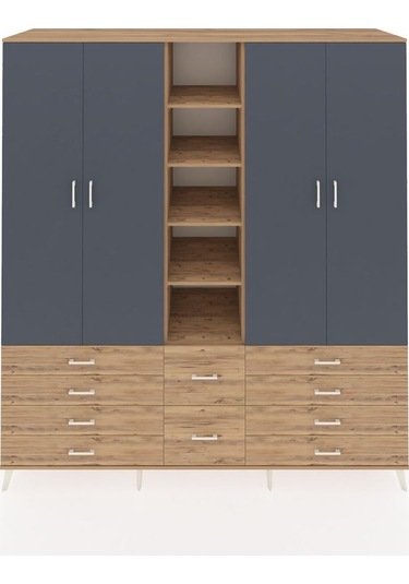 Kronos Dolap 9 Raflı 10 Çekmeceli 2 Askılı 220x59x243 Çam-antrasit/çam Antrasıt/atlas Çam