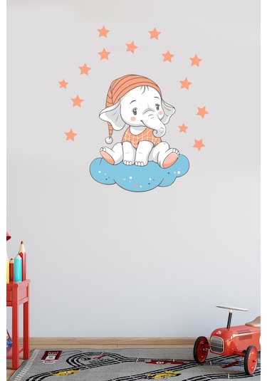 Bulutta Oturan Sevimli Fil ve Yıldızlar Çocuk Odası Duvar Sticker