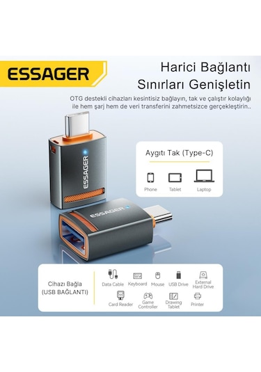 Essager Type-c To Usb Otg Dönüştürücü Adaptör, 5 Gbps Veri Aktarım, Mini Type C Çevirici, Klavye, Mouse Çevirici
