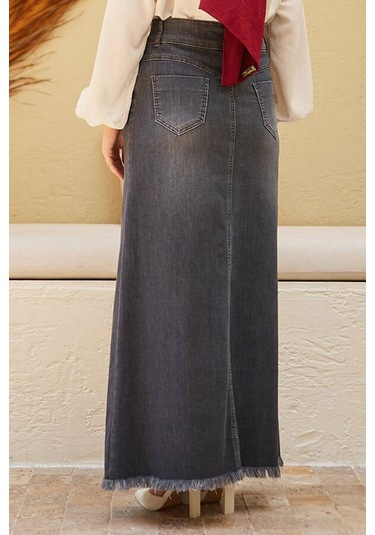Neways 2252-Eteği Püsküllü Denim Etek Koyu Gri