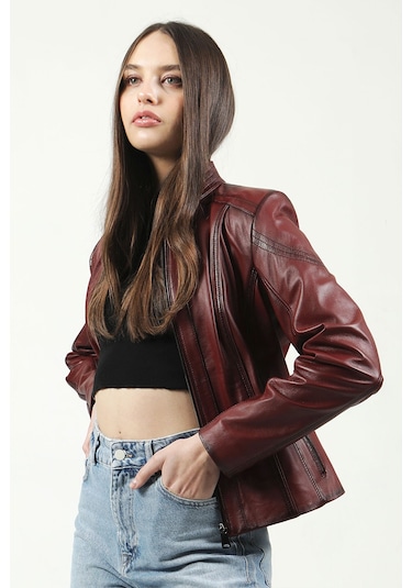 Dericlub Yb-2112 Gerçek Deri Kadın Mont Bordo