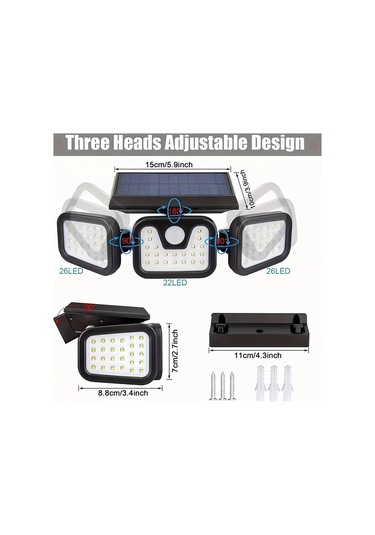 Xuweiwei Güneş Enerjili Üç Başlı Duvar Lambası Solar Led Ayarlanabilir Yön Sensörlü Üç Modlu Avlu Bahçe Kaldırım