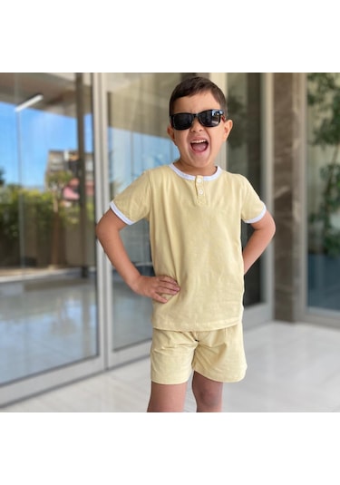 Key Kıds Sarı Düğmeli Tshirt Şortlu Takım %100 Pamuk Tşört Çok Renkli