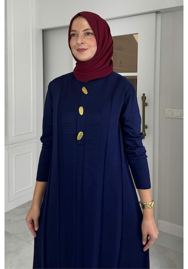Yaprak Triko Elbise Lacivert Normal