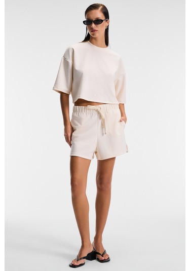 Grımelange Vela Kadın Esnek Kumaşlı Bisiklet Yaka Oversize Fit Bej T-shirt Bej