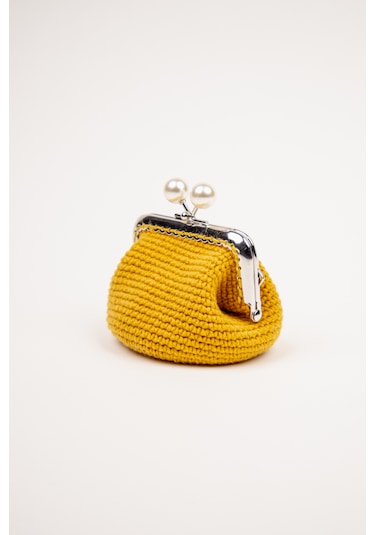 Fabric Craft Bag Bozuk Para Cüzdanı Merserize İplik Klipsli Örgü Hardal Sarısı