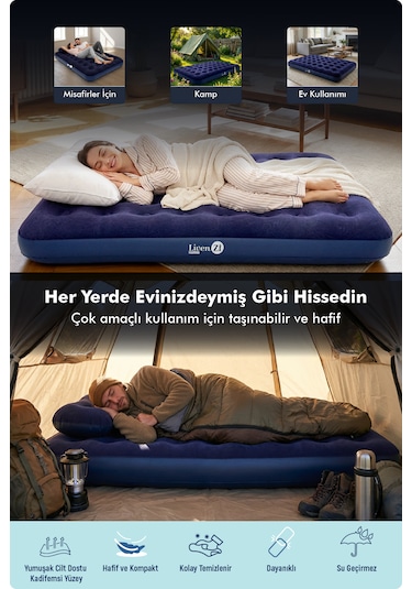 Livenzi Tek Kişilik Şişme Yatak Yastık + Manuel Şişirme Pompası 191 76 22 Cm Lacivert