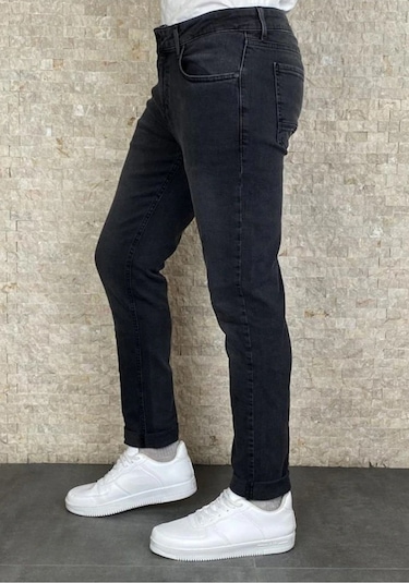 Erkek Siyah Taşlamalı Slim Fit Jean Pantolon (492166754)