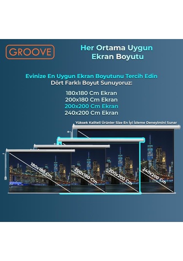 Groove Vizio Pro 200x200cm Blackout Işık Geçirmez Elektrikli Otomatik Kumandalı Projeksiyon Perdesi +motorlu+canlı Renkler+göz Koruması+leke Tutmaz Projector