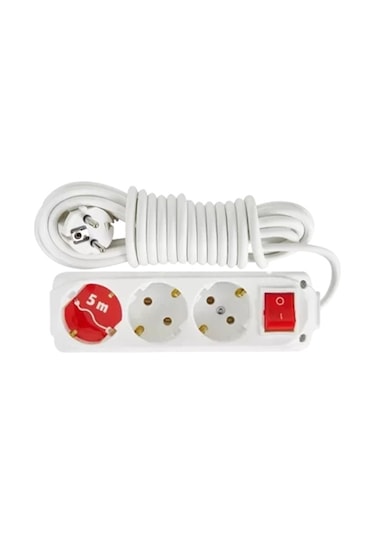 Almera 3'lü Anahtarlı Topraklı Grup Priz 5 Metre Beyaz