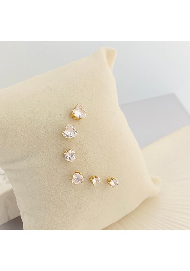 Tektaş Küpe Kalp Model Tektaş Üçlü Set Küpe Kararmaz Çelik Gold