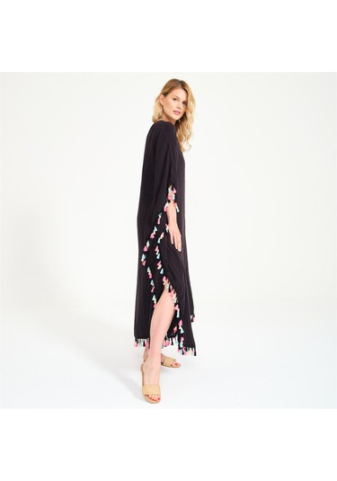 Püskül Detaylı V Yaka Uzun Plaj Elbisesi Siyah-Standart Siyah