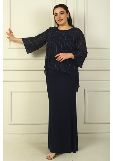 İçi İp Askılı Astarlı Uzun Sandy Elbise Arkası Düğmeli Boncuklu Şifon Bluz Büyük Beden 2'li Takım Lacivert