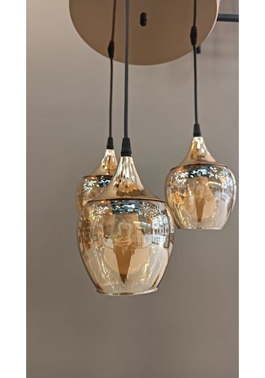 3'lü Krom Şapkalı Sarı Açık Ağız Camlı Sarkıt Avize Gold