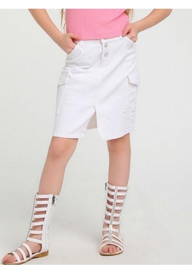 Kız Çocuk Pamuklu Bel Ayar Lastikli Dar Kot Beyaz Etek-14122 Beyaz