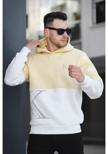 Oksit Kewin Üç İplik Şardonlu Baskılı Çift Renk Parçalı Kapüşonlu Erkek Sweatshirt 001