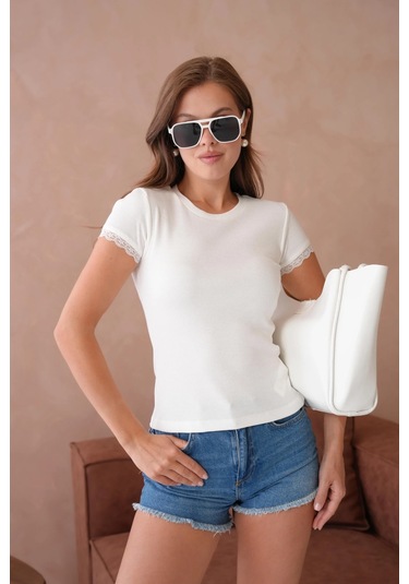 Dantel Detaylı Örme Body Bluz Ekru