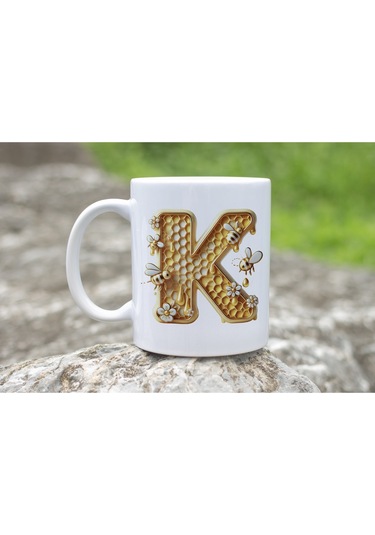 K Harfi Bal Arısı Tasarım Kupa Bardak - Bal Ve Petek Desenli Kişiye Özel Kahve Kupası - Hediyelik Beyaz