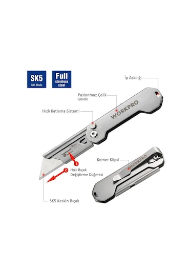 Workpro Wp211016 Paslanmaz Çelik Gövde Katlanır Rötuş Maket Bıçağı