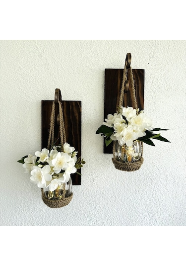Duvar Dekoru, Led Işıklı, Beyaz Yasemin Çiçekli, Ceviz Aplik İkili Set