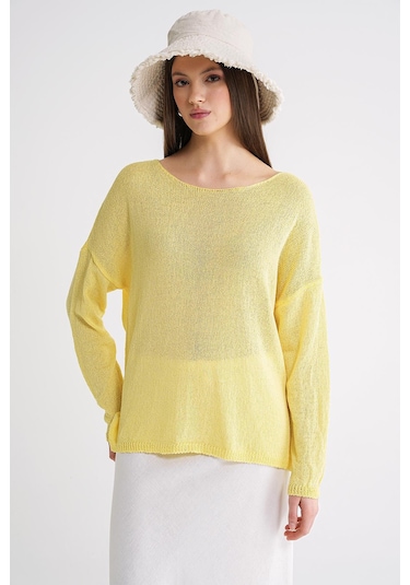6933 Kadın Kayık Yaka İnce Mevsimlik Triko Kazak Sarı Sarı