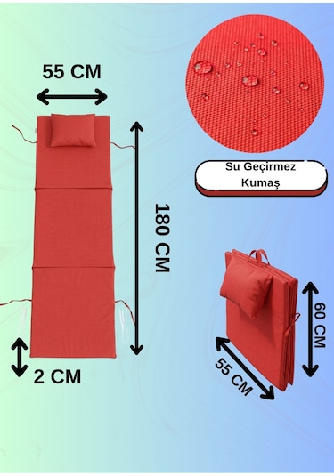 180x55 Cm 3'e Katlanabilir Su Geçirmez Şezlong Ve Yer Minderi - Plaj Matı Kırmızı
