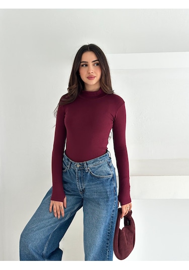Kadın Yarım Balıkçı Yaka Parmak Geçmeli Full Likralı Buzz Body Bordo