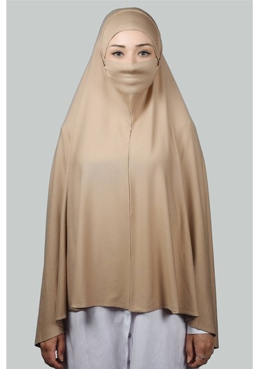 Altobeh Hazır Türban Peçeli Pratik Eşarp Tesettür Nikaplı Hijab - Namaz Örtüsü Sufle (5XL) - Koyu Bej