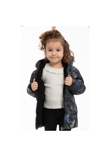 Kız Çocuk Saks Antrasit Dijital Desen İçi Polar Su Ve Rüzgar Geçirmez Kapüşonlu Şişme Kışlık Mont Antrasit - Saks Mavi