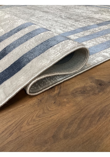 Saraz Halı Çerçeve Model Bambu Yıkanabilir Parlak Halı Mavi Çizgi Mavi-gri