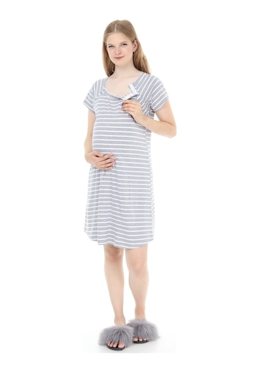Luvmabelly Myra9580 Yandan Çıt Çıtlı Hamile Geceliği - Gri Çizgili-gri