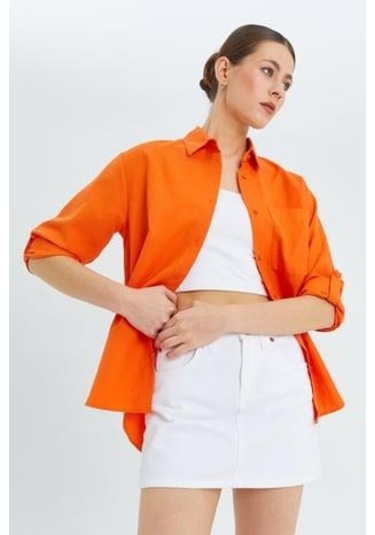 9942 Kadın Oxford Uzun Kol Basic Gömlek Oranj Oranj
