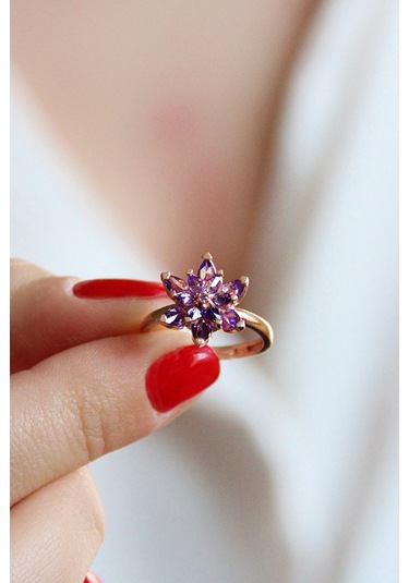 925 Ayar Gümüş Rose Mor Lotus Çiçeği Yüzük - 34023301