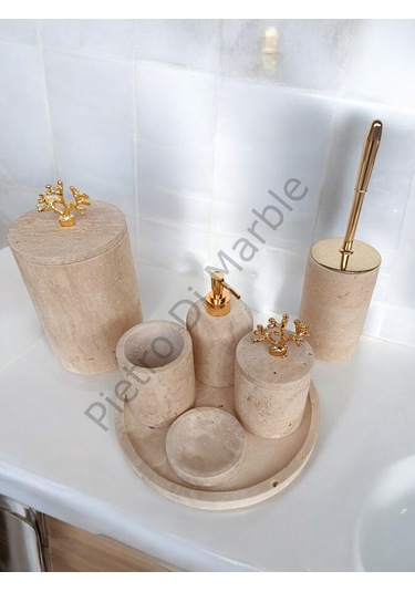 Sarı Traverten Klasik Model 7 Parça Gold Renk Mercan Aksesuarlı Banyo Seti Sarı Traverten