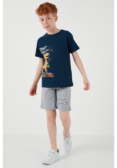 Lela Pamuklu Regular Fit Bisiklet Yaka Şortlu Alt-Üst Erkek Çocuk Takım 6212009 Indigo