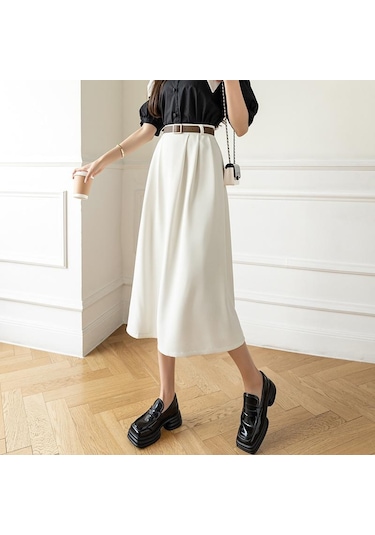 Qooth Bahar Kadın Yüksek Bel A-line Sashes Etek 2022 Yeni Stil Zarif Orta Uzunlukta Uzun Ofis Bayan Düz Etek Haki