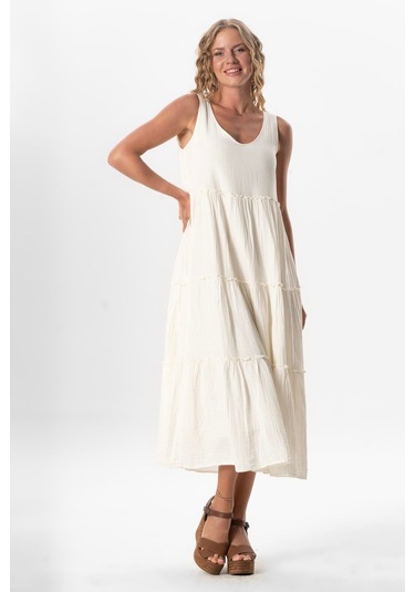 Kolsuz Artemis Oval Yaka Yıldız Baskılı Midi Boy Müslin Yazlık Elbise Kırık Beyaz Krkbyz Kırık Beyaz