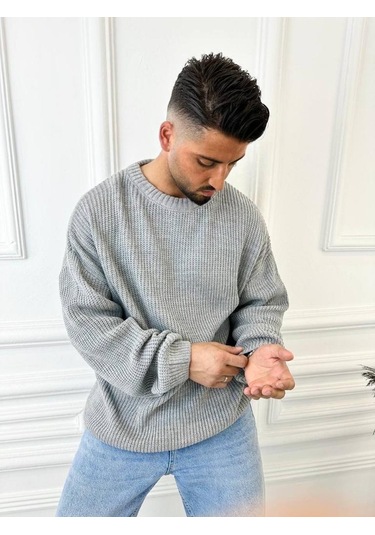 Kazak Oversize Çift Kat Örme Naturel Pamuk Bol Kesim Tüylenmeyen Salaş Triko Kazak Gri