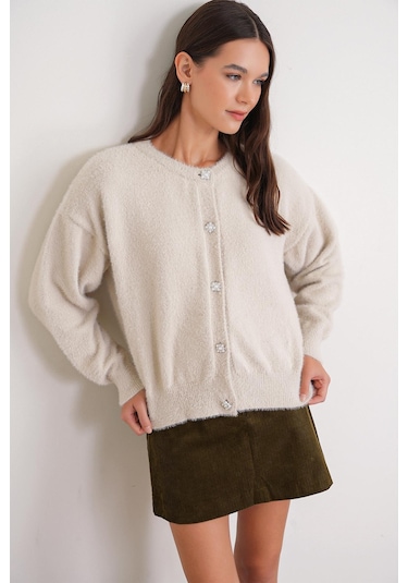 6902 Kadın Sakallı Basic Yumuşak Dokulu Triko Hırka Naturel Naturel