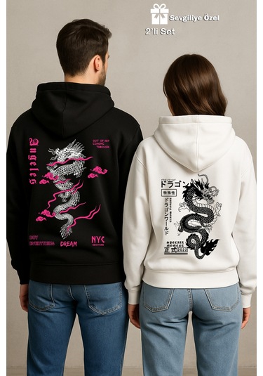 Nevermind Sevgili Çift Kombin Ejderha Baskılı Hoodie Unisex Oversize Kapüşo Siyah