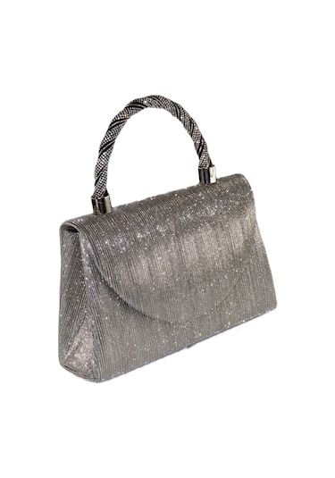 Lazer Kumaş Platin Abiye Çanta Taşlı Kadın Abiye Çanta Abiye Çanta Metalik Gri El Düğün Çantası