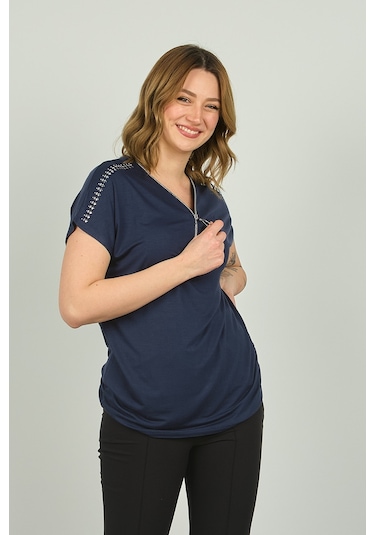 Ella Camelia Kadın Fermuarlı Kısa Kol Bluz 20e038 Lacivert