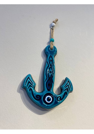 El Yapımı Nazar Boncuğu, Duvar Dekorasyon Ürünü, Seramik, El İşçiliği, Turkuaz Renkte Çapa Desenli -