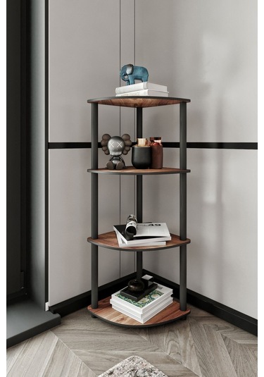 4 Katlı Dekoratif Köşe Kitaplık Ceviz Ceviz