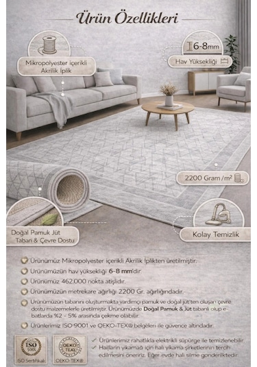 Premium Modern Mikropolyester Akrilik Halı - Pamuk Jüt Tabanlı - Gri